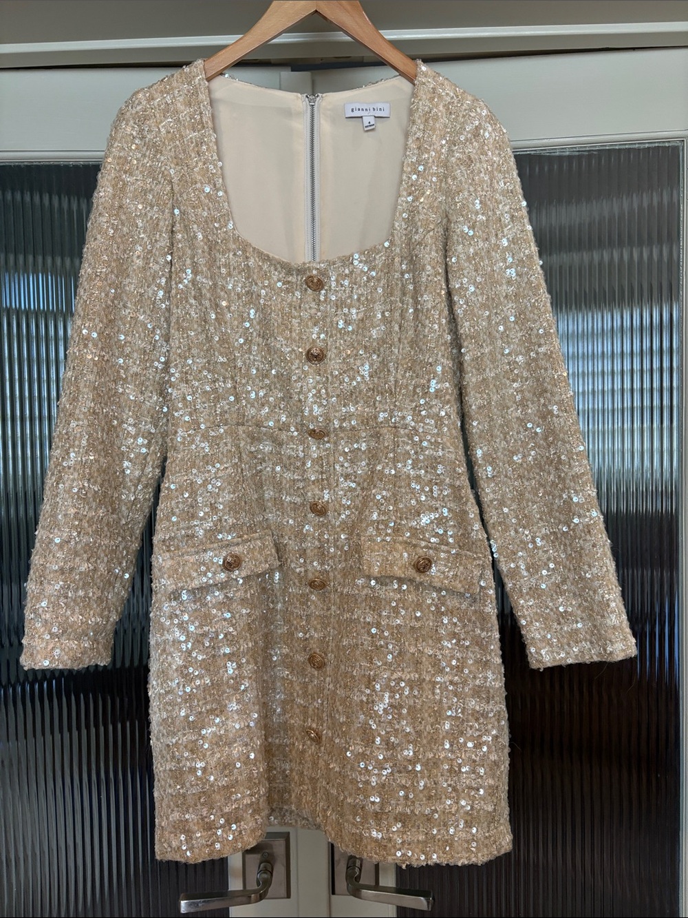 Gianni Bini Champagne Sequin Tweed Long Sleeve Mini Dress